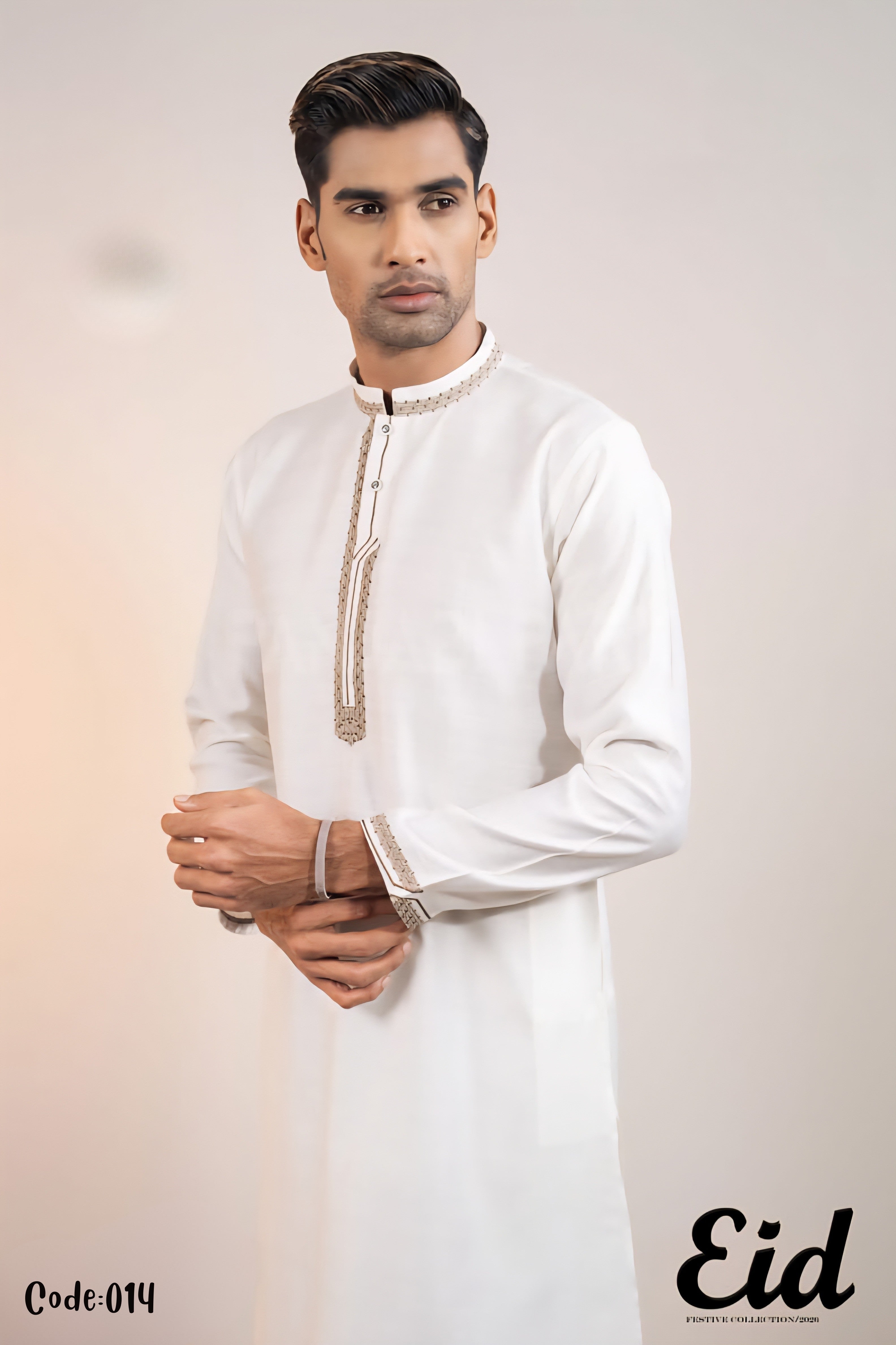 Pristine White Premium Cotton Panjabi with Golden-Oak Embroidery – with premium BOX
