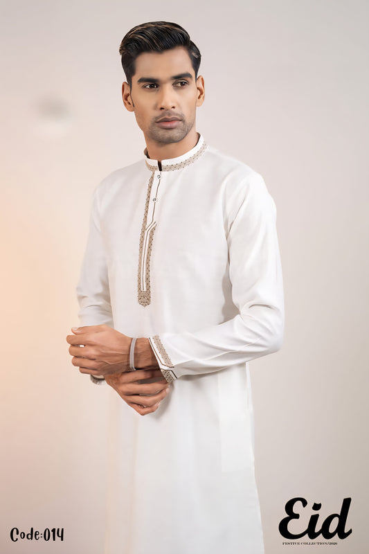 Pristine White Premium Cotton Panjabi with Golden-Oak Embroidery – with premium BOX