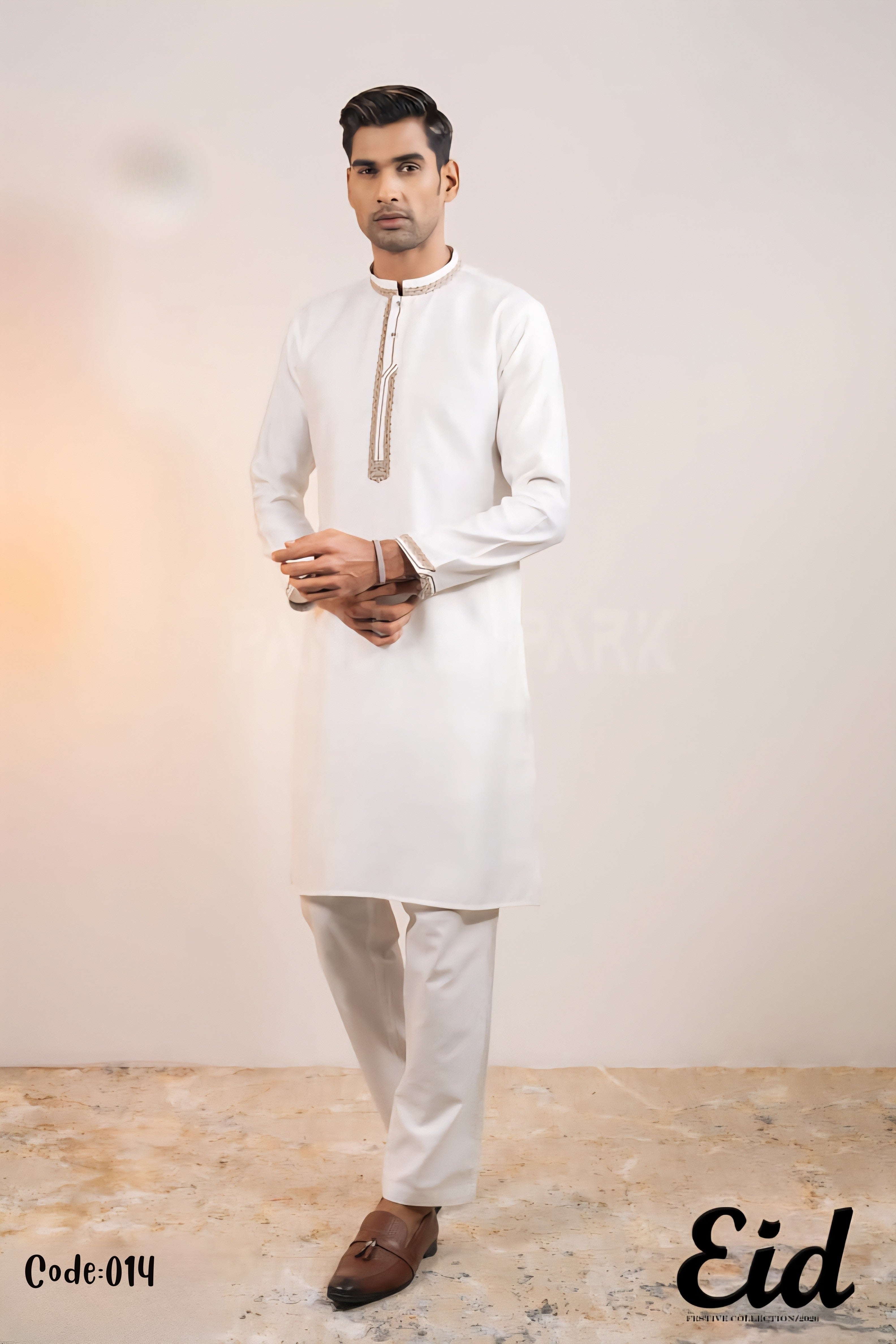 Pristine White Premium Cotton Panjabi with Golden-Oak Embroidery – with premium BOX Secondary image