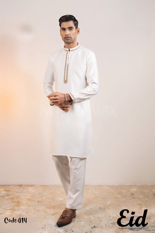 Pristine White Premium Cotton Panjabi with Golden-Oak Embroidery – with premium BOX