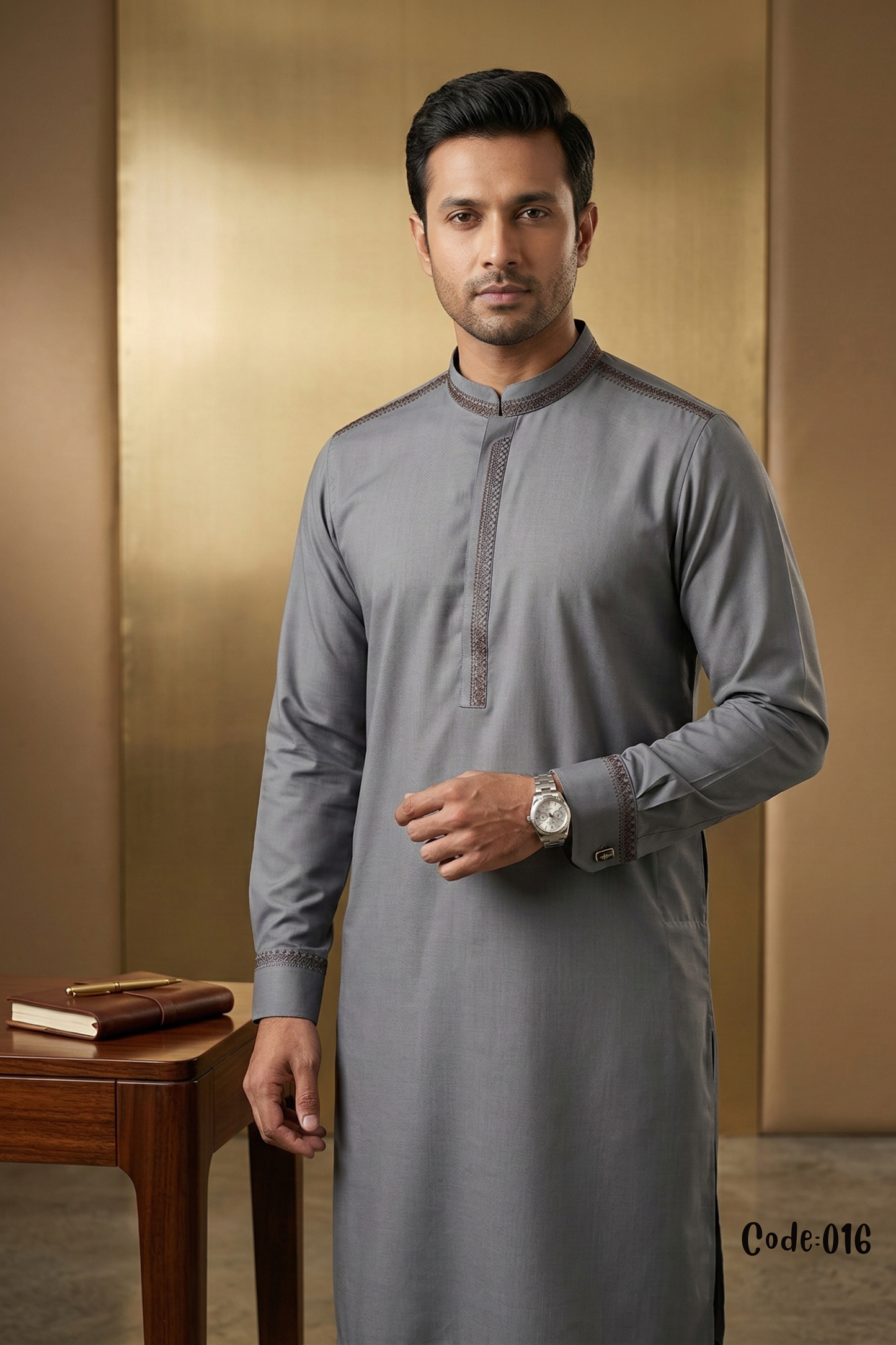 Men's Slate Gray Premium Panjabi with Shoulder & Cuff Embroidery – Code 016