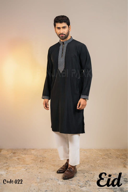 Midnight Black Premium Cotton Panjabi with Contemporary Zip-Neck – with premium BOX
