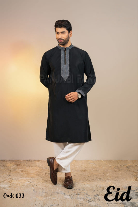 Midnight Black Premium Cotton Panjabi with Contemporary Zip-Neck – with premium BOX