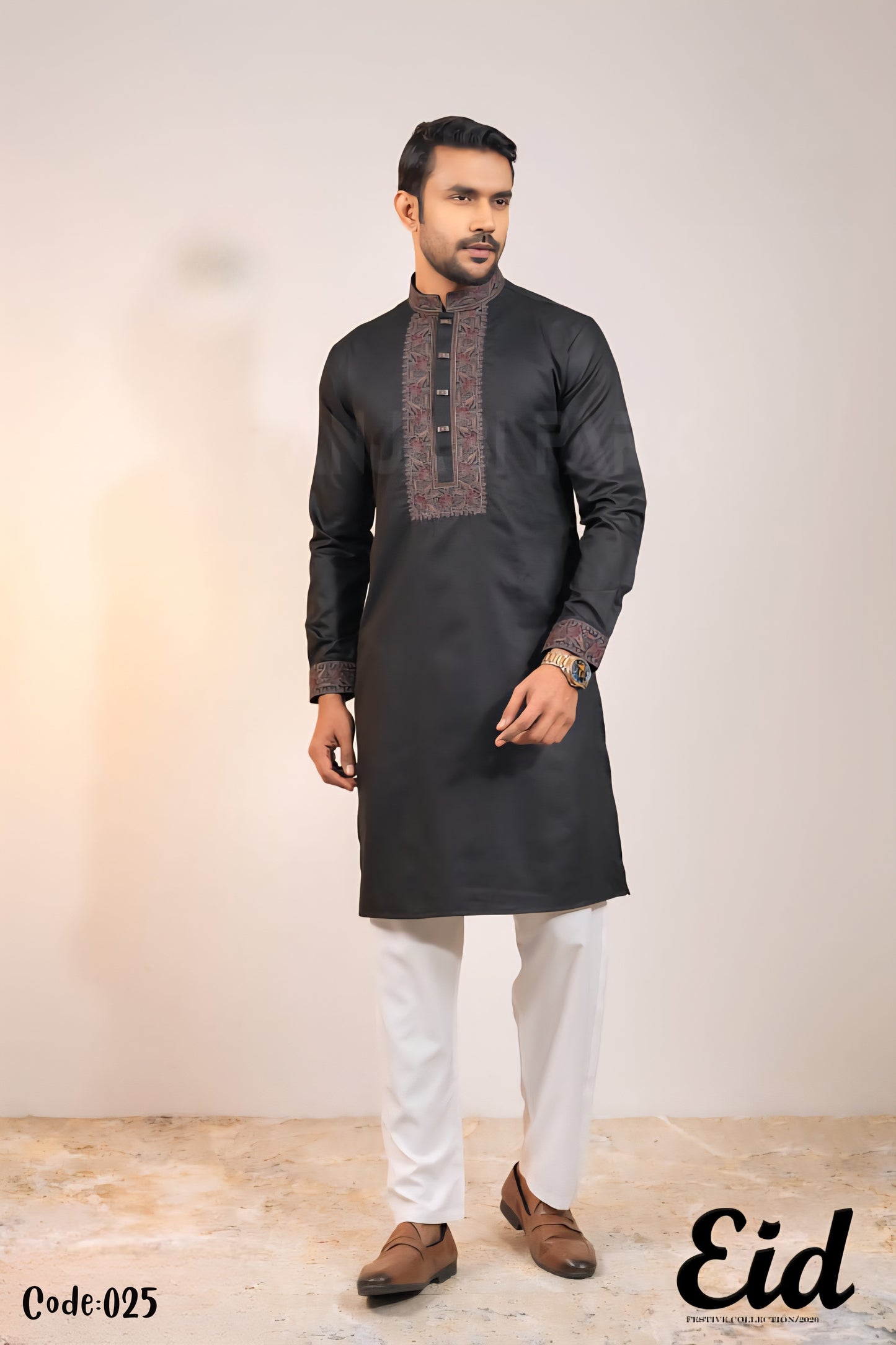 Onyx Black Premium Cotton Panjabi with Intricate Floral Embroidery – with premium BOX