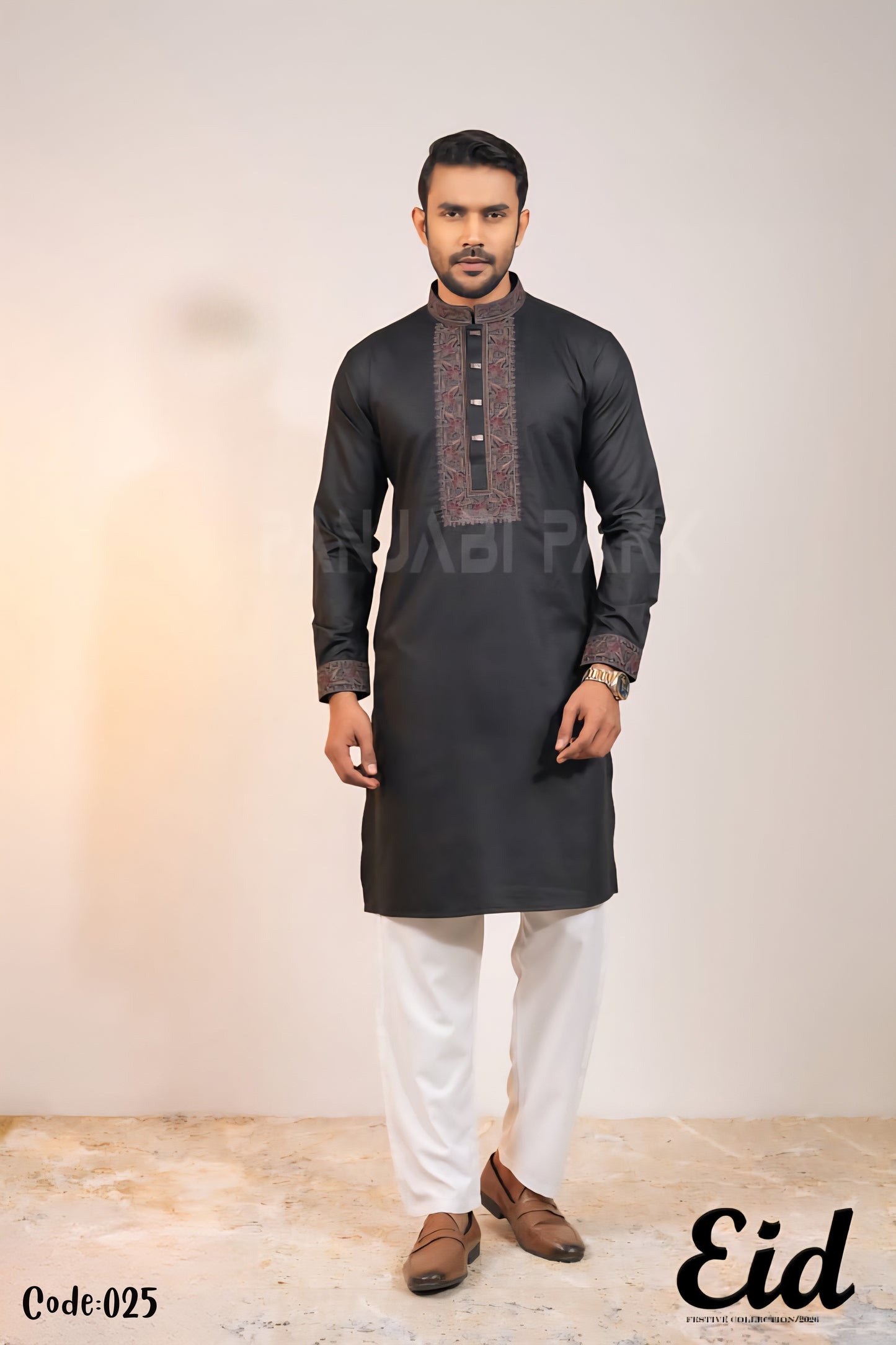 Onyx Black Premium Cotton Panjabi with Intricate Floral Embroidery – with premium BOX