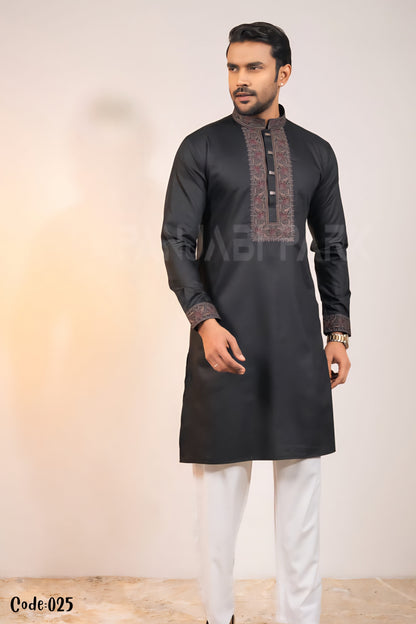 Onyx Black Premium Cotton Panjabi with Intricate Floral Embroidery – with premium BOX