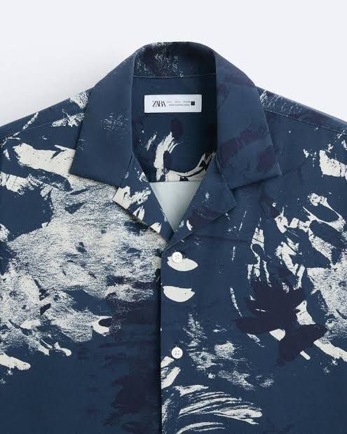 Zara Men’s Navy Abstract Print Shirt – Premium Relaxed Fit Camp Collar Short Sleeve