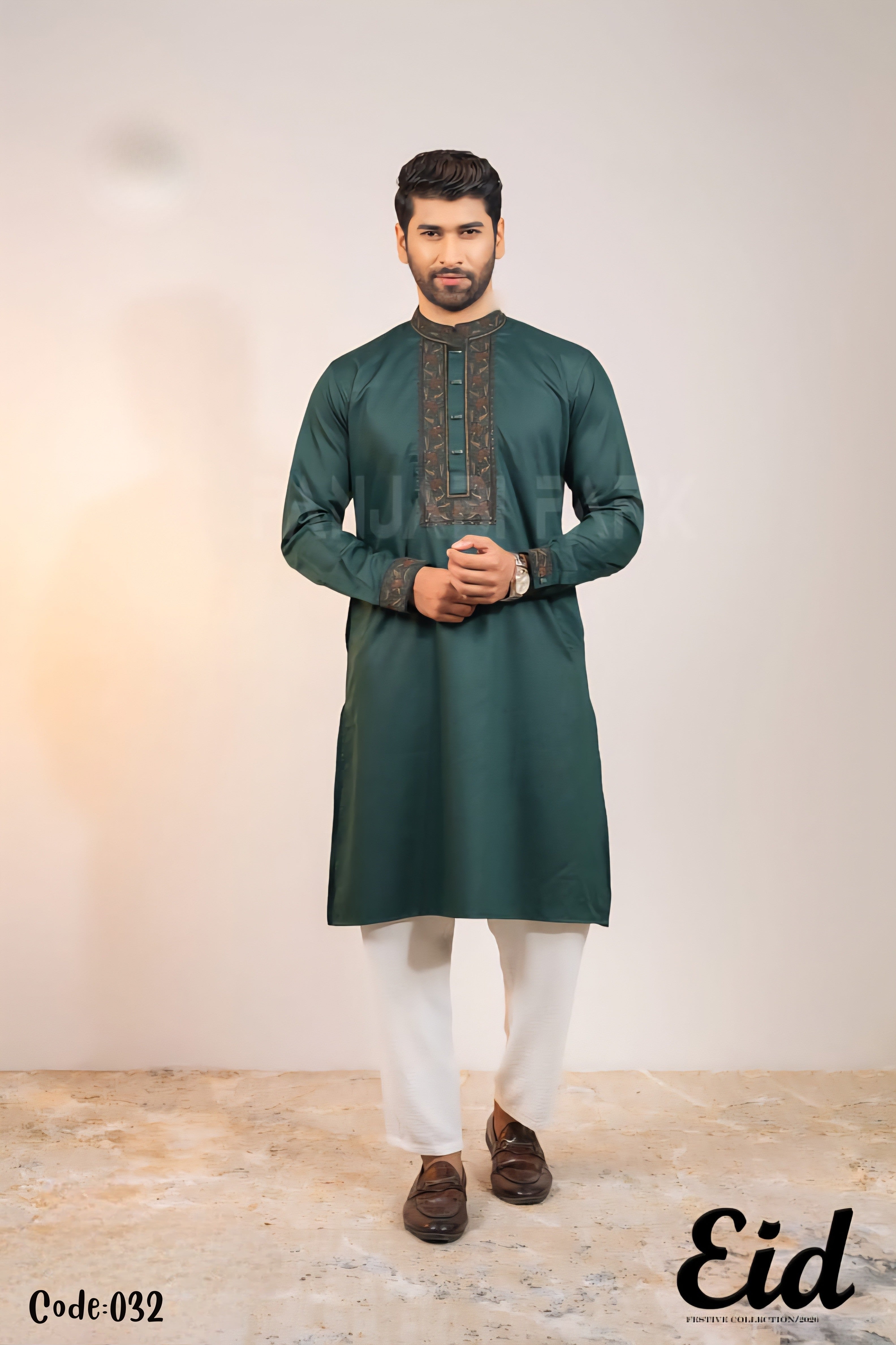 Emerald Forest Premium Silk-Finish Panjabi with Antique Floral Embroidery –with premium BOX