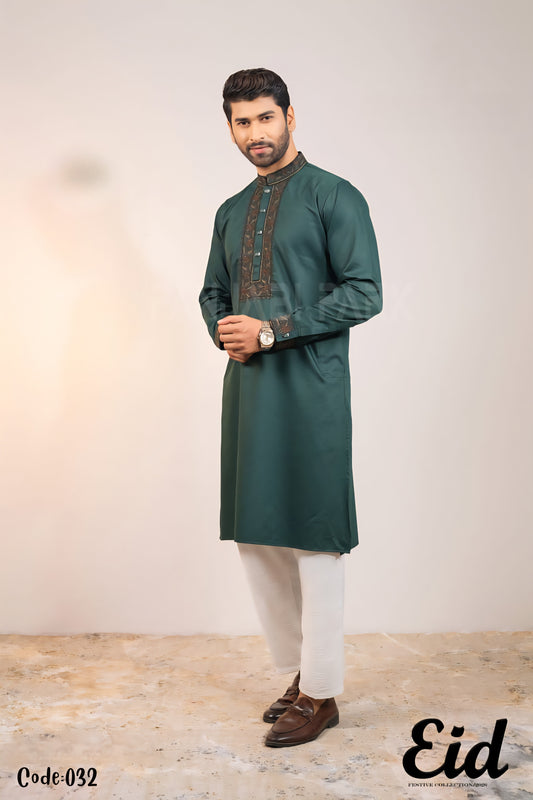 Emerald Forest Premium Silk-Finish Panjabi with Antique Floral Embroidery –with premium BOX