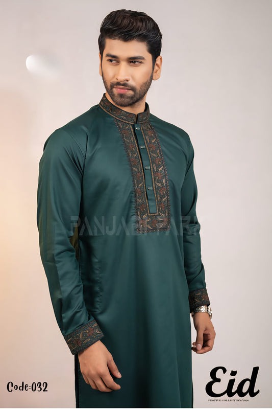 Emerald Forest Premium Silk-Finish Panjabi with Antique Floral Embroidery –with premium BOX