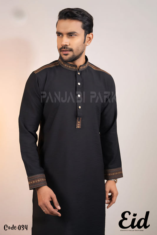 Midnight Onyx Premium Cotton Panjabi with Gold-Bronze Geometric Accents – with premium BOX