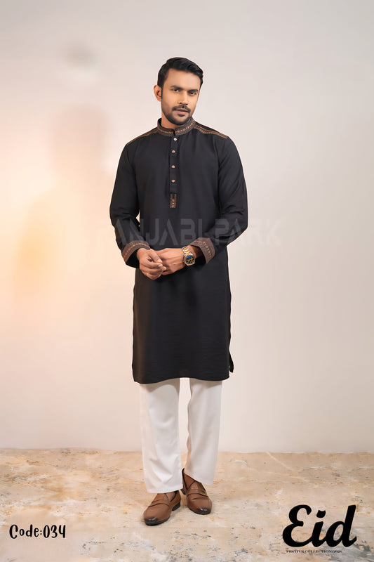 Midnight Onyx Premium Cotton Panjabi with Gold-Bronze Geometric Accents – with premium BOX