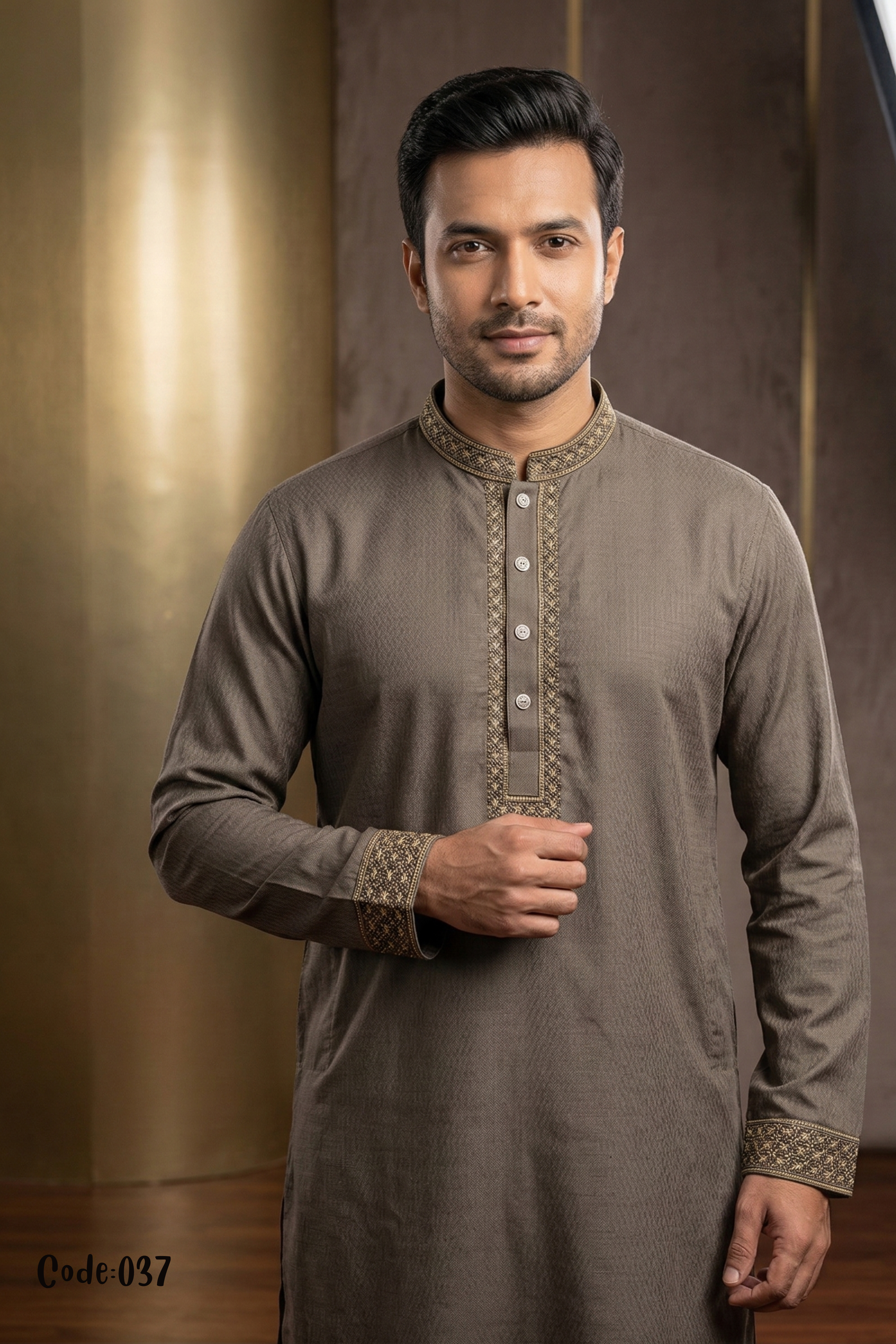 Men's Muted Olive Textured Panjabi with Gold Ethnic Embroidery – Code 037 Main image