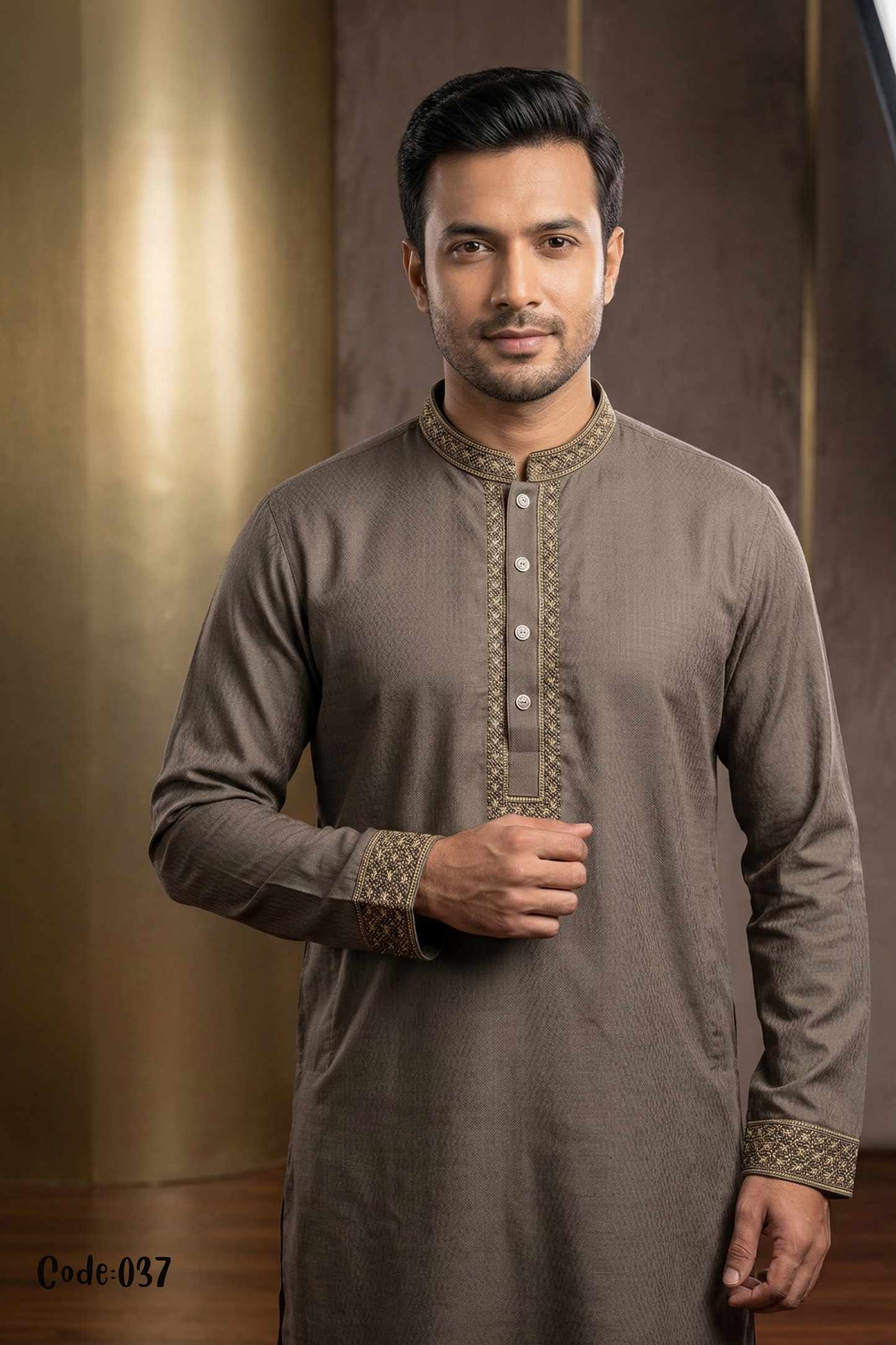 Men's Muted Olive Textured Panjabi with Gold Ethnic Embroidery – Code 037