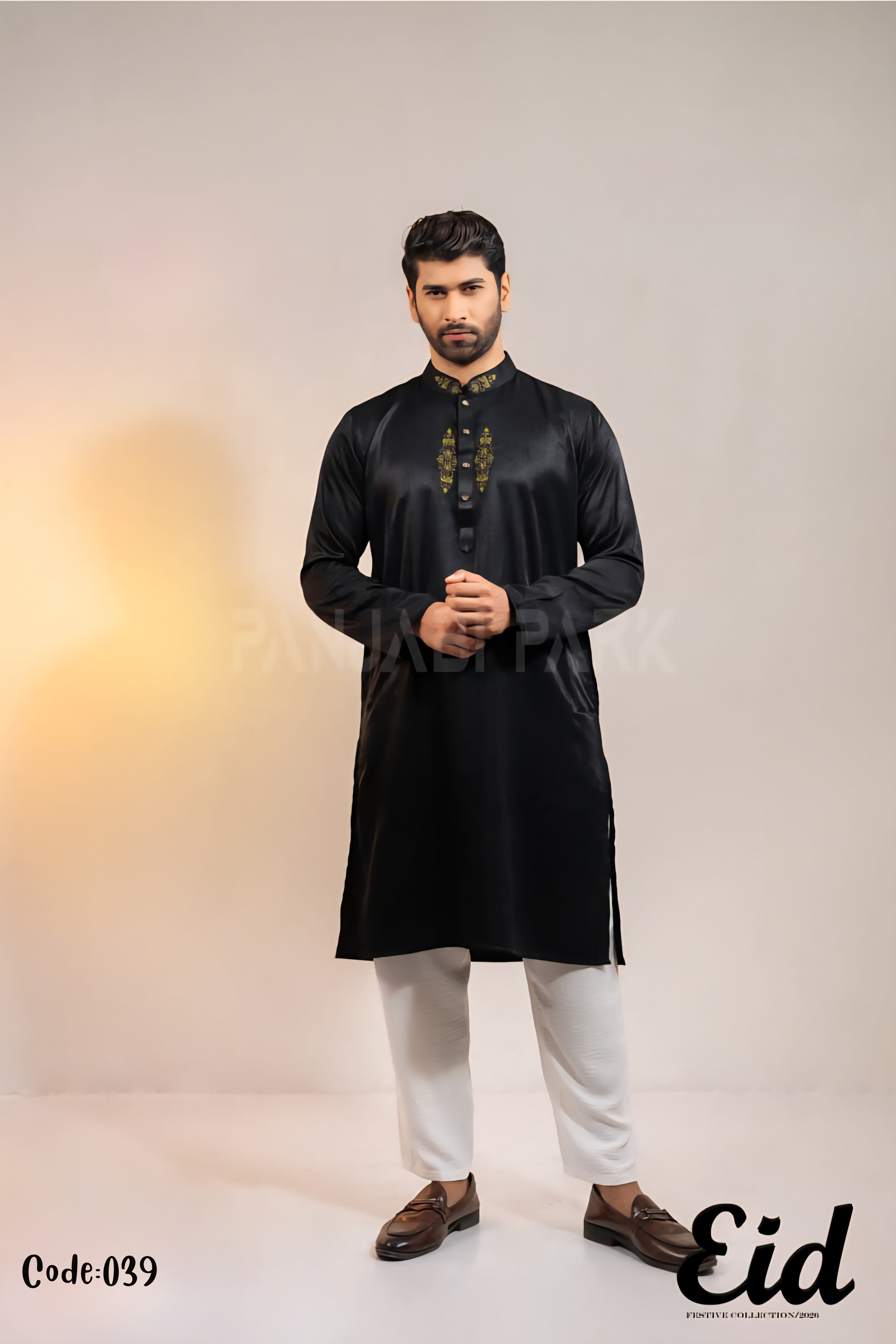 Midnight Obsidian Premium Silk-Finish Panjabi with Golden Crest Embroidery – with premium BOX Main image