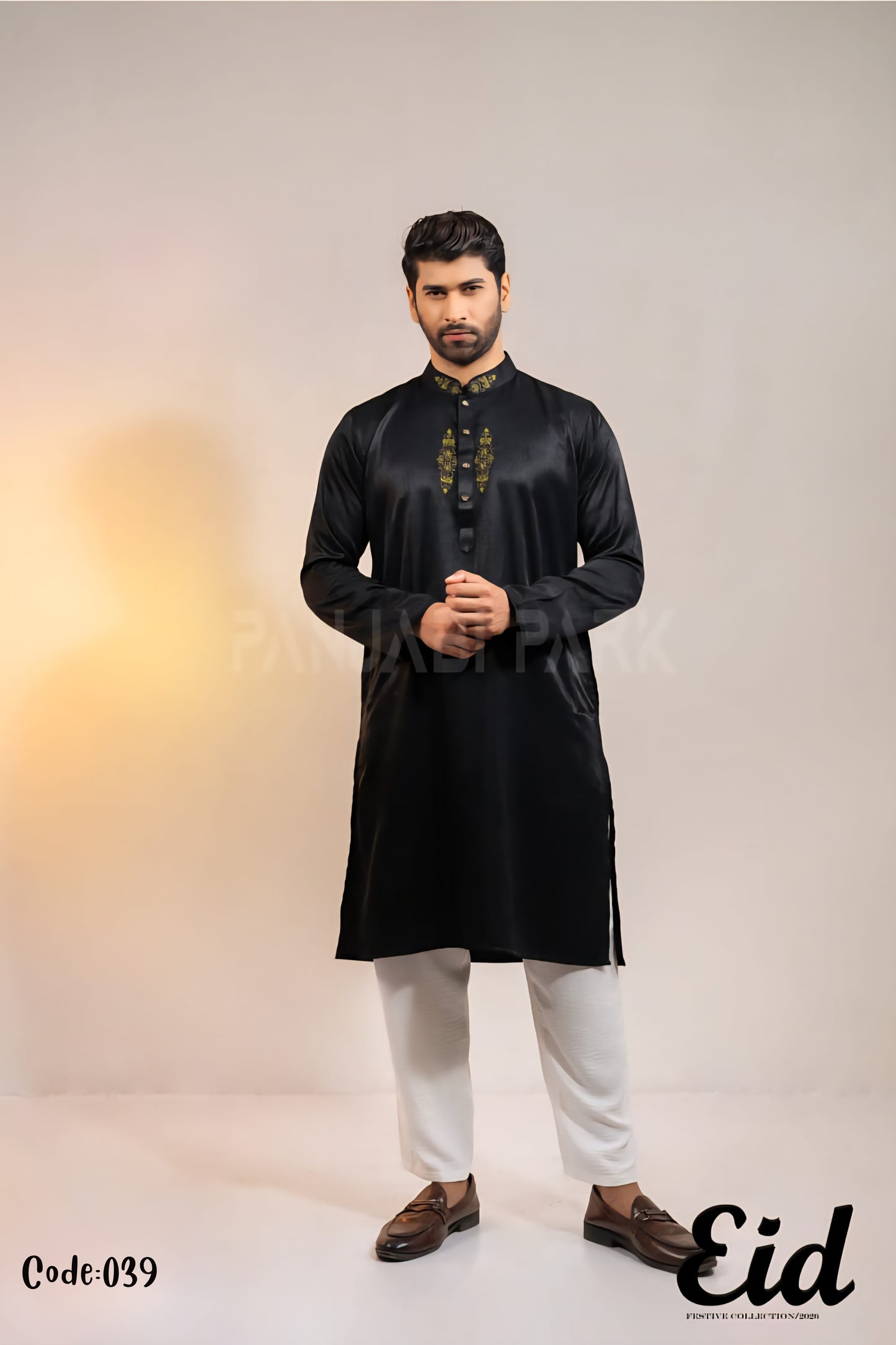 Midnight Obsidian Premium Silk-Finish Panjabi with Golden Crest Embroidery – with premium BOX