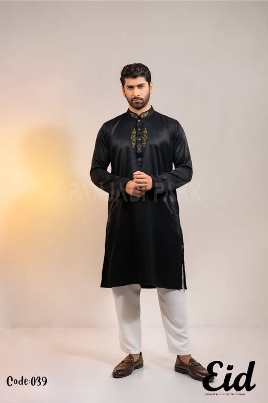 Midnight Obsidian Premium Silk-Finish Panjabi with Golden Crest Embroidery – with premium BOX