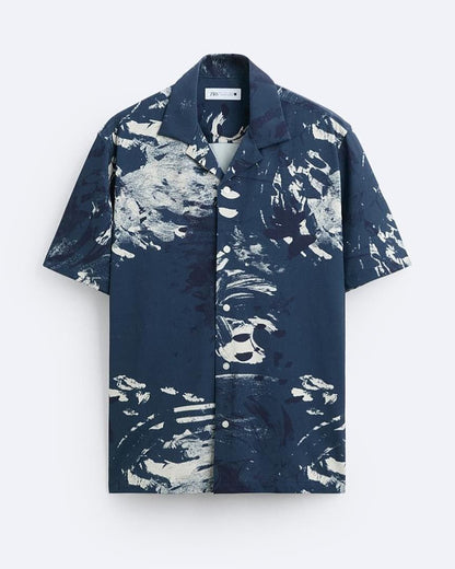 Zara Men’s Navy Abstract Print Shirt – Premium Relaxed Fit Camp Collar Short Sleeve