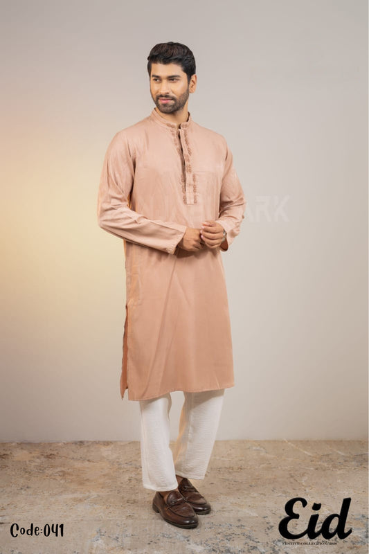 Dusty Rose Premium Silk-Finish Panjabi with Delicate Tonal Embroidery – with premium BOX