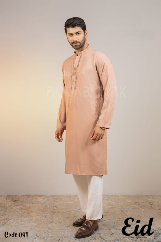 Dusty Rose Premium Silk-Finish Panjabi with Delicate Tonal Embroidery – with premium BOX