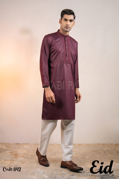 Imperial Mulberry Premium Silk-Finish Panjabi with Regal Floral Embroidery – with premium BOX