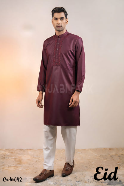 Imperial Mulberry Premium Silk-Finish Panjabi with Regal Floral Embroidery – with premium BOX