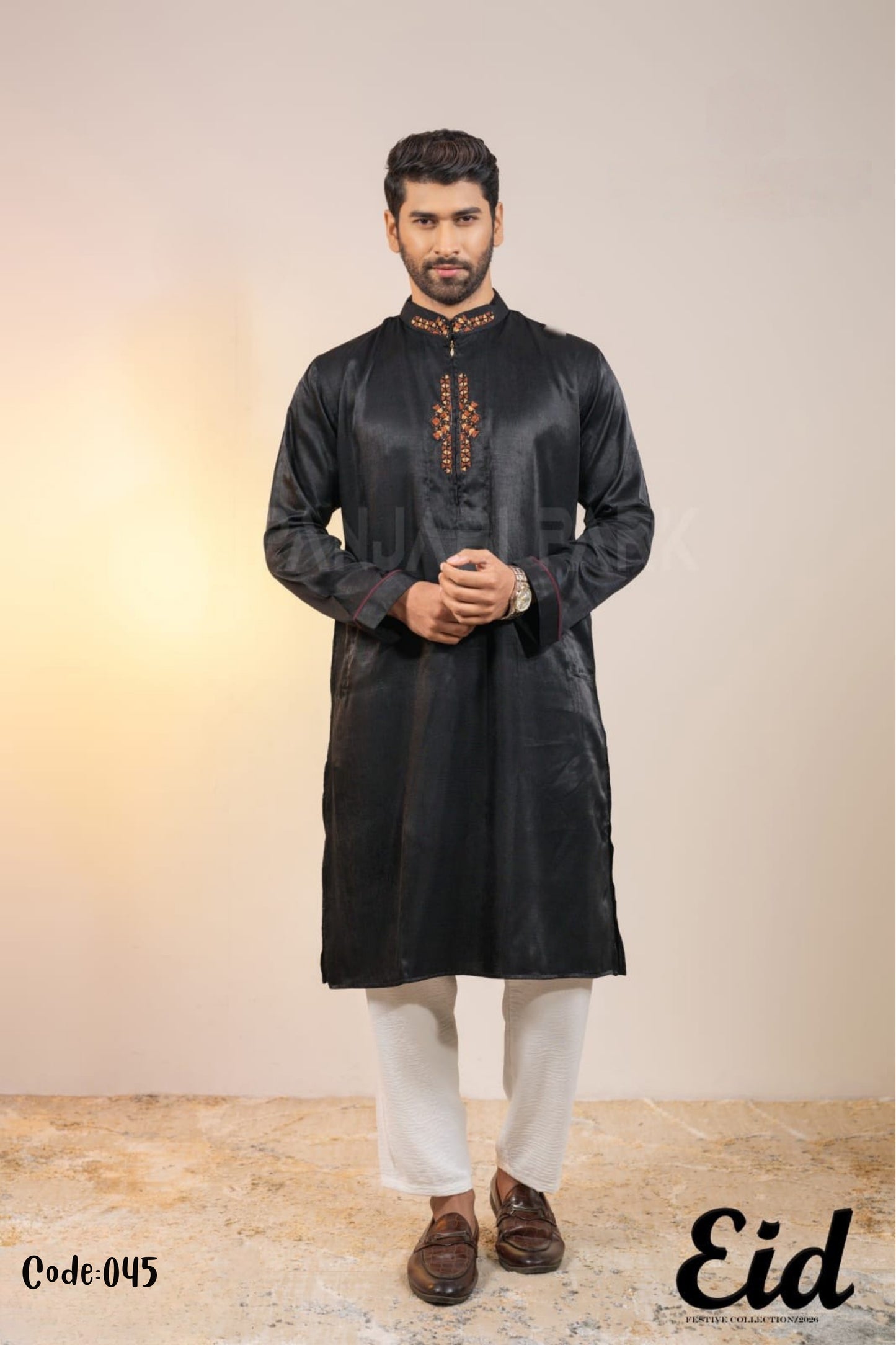 Midnight Noir Premium Silk-Finish Panjabi with Copper Geometric Embroidery – with premium BOX
