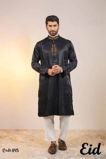 Midnight Noir Premium Silk-Finish Panjabi with Copper Geometric Embroidery – with premium BOX