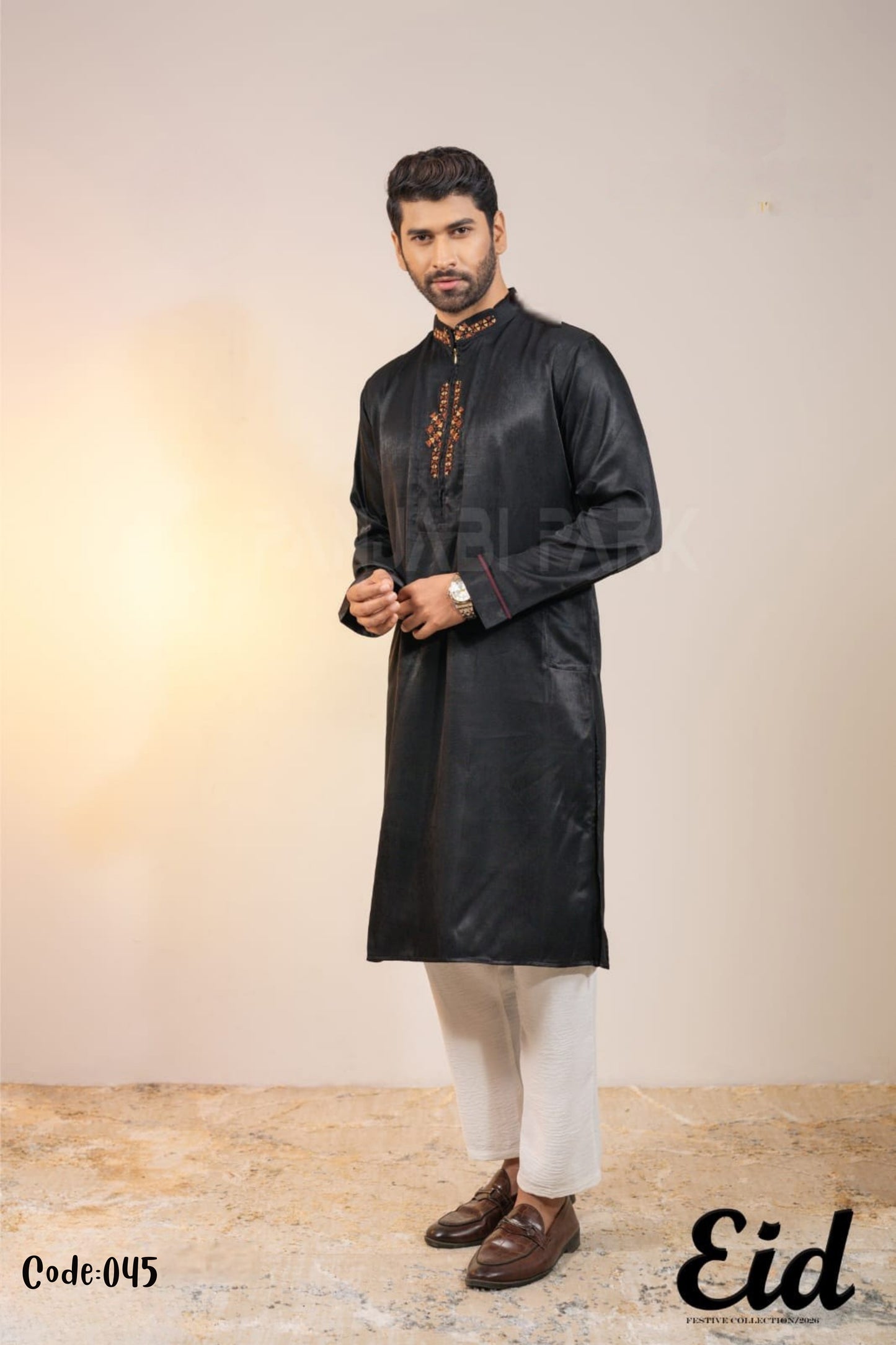 Midnight Noir Premium Silk-Finish Panjabi with Copper Geometric Embroidery – with premium BOX
