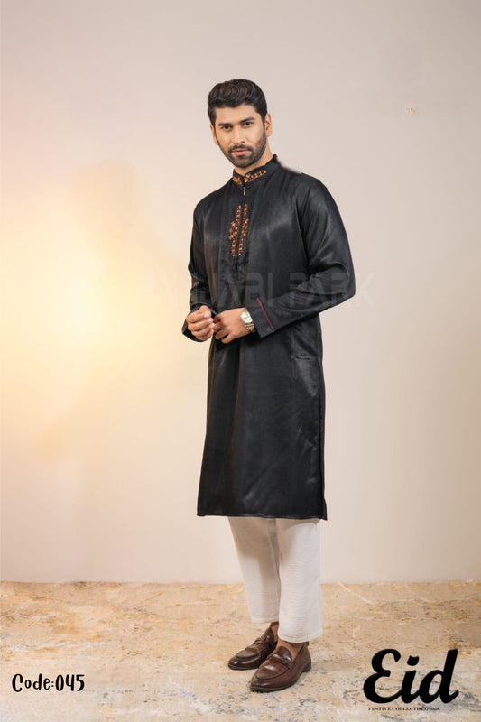 Midnight Noir Premium Silk-Finish Panjabi with Copper Geometric Embroidery – with premium BOX