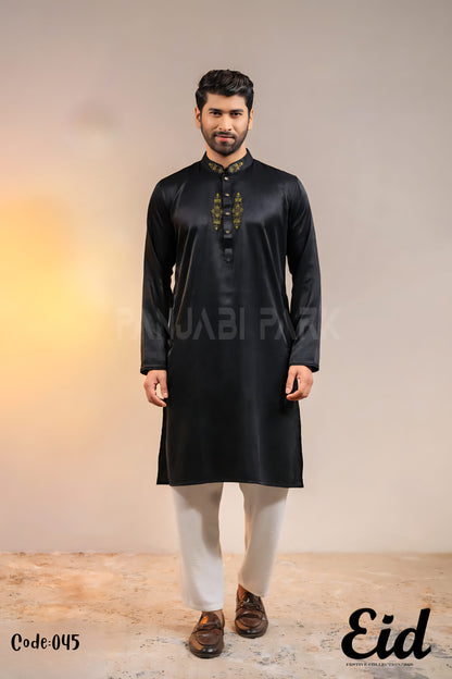 Midnight Noir Premium Silk-Finish Panjabi with Copper Geometric Embroidery – with premium BOX