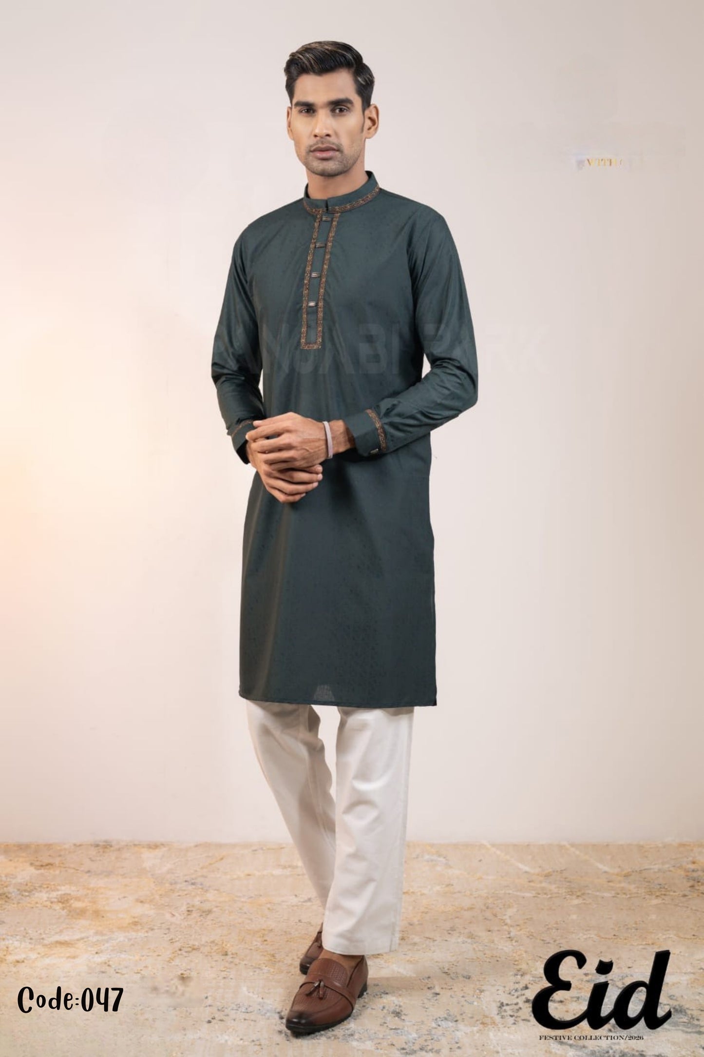 Forest Pine Premium Cotton Panjabi with Earth-Toned Geometric Embroidery – with premium BOX