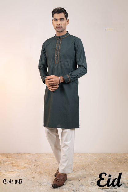 Forest Pine Premium Cotton Panjabi with Earth-Toned Geometric Embroidery – with premium BOX