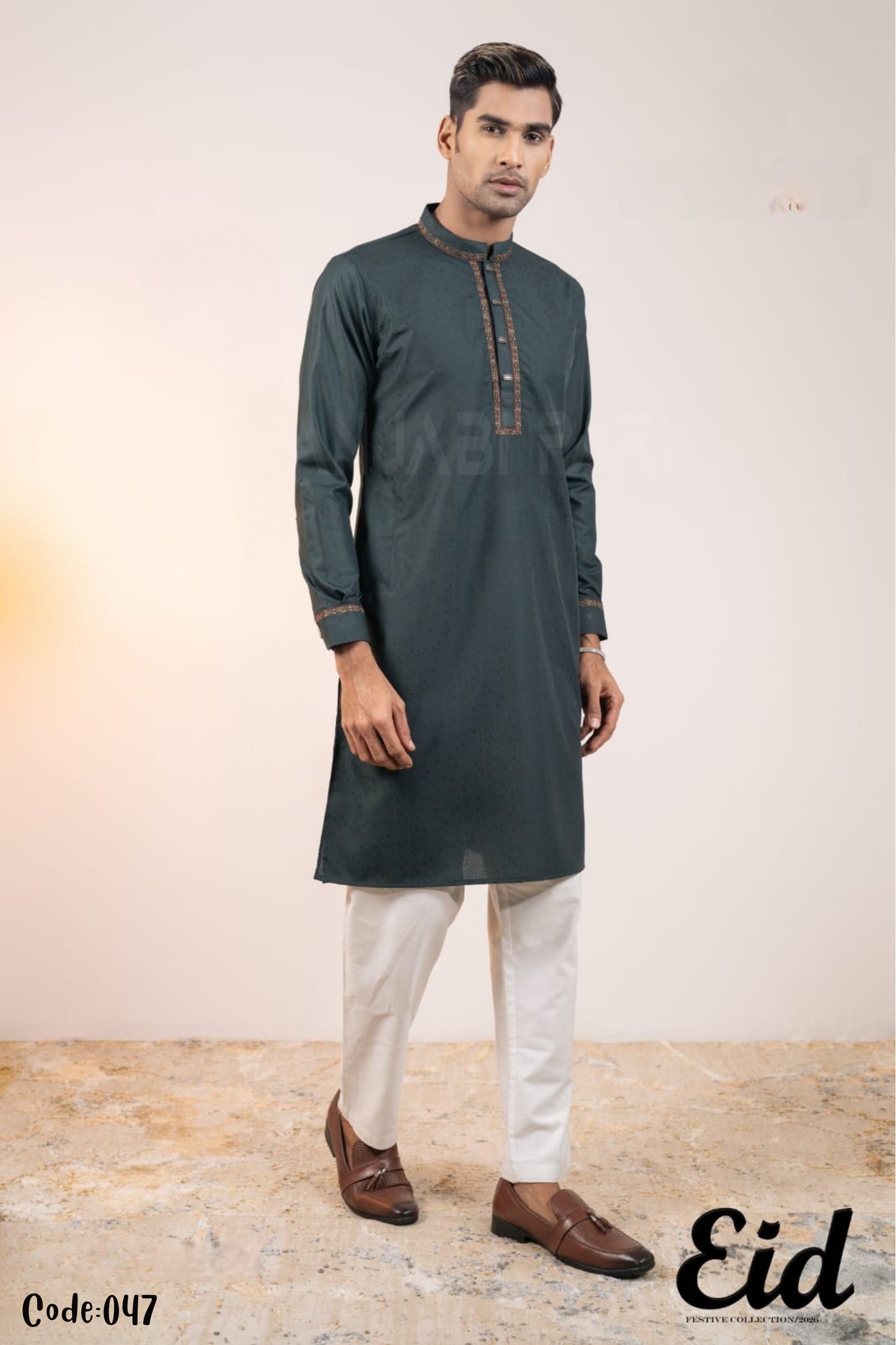 Forest Pine Premium Cotton Panjabi with Earth-Toned Geometric Embroidery – with premium BOX