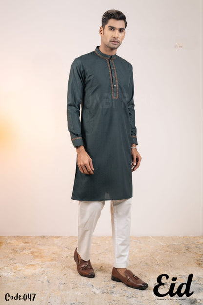 Forest Pine Premium Cotton Panjabi with Earth-Toned Geometric Embroidery – with premium BOX