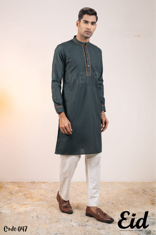 Forest Pine Premium Cotton Panjabi with Earth-Toned Geometric Embroidery – with premium BOX