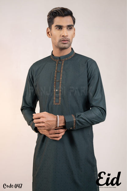 Forest Pine Premium Cotton Panjabi with Earth-Toned Geometric Embroidery – with premium BOX