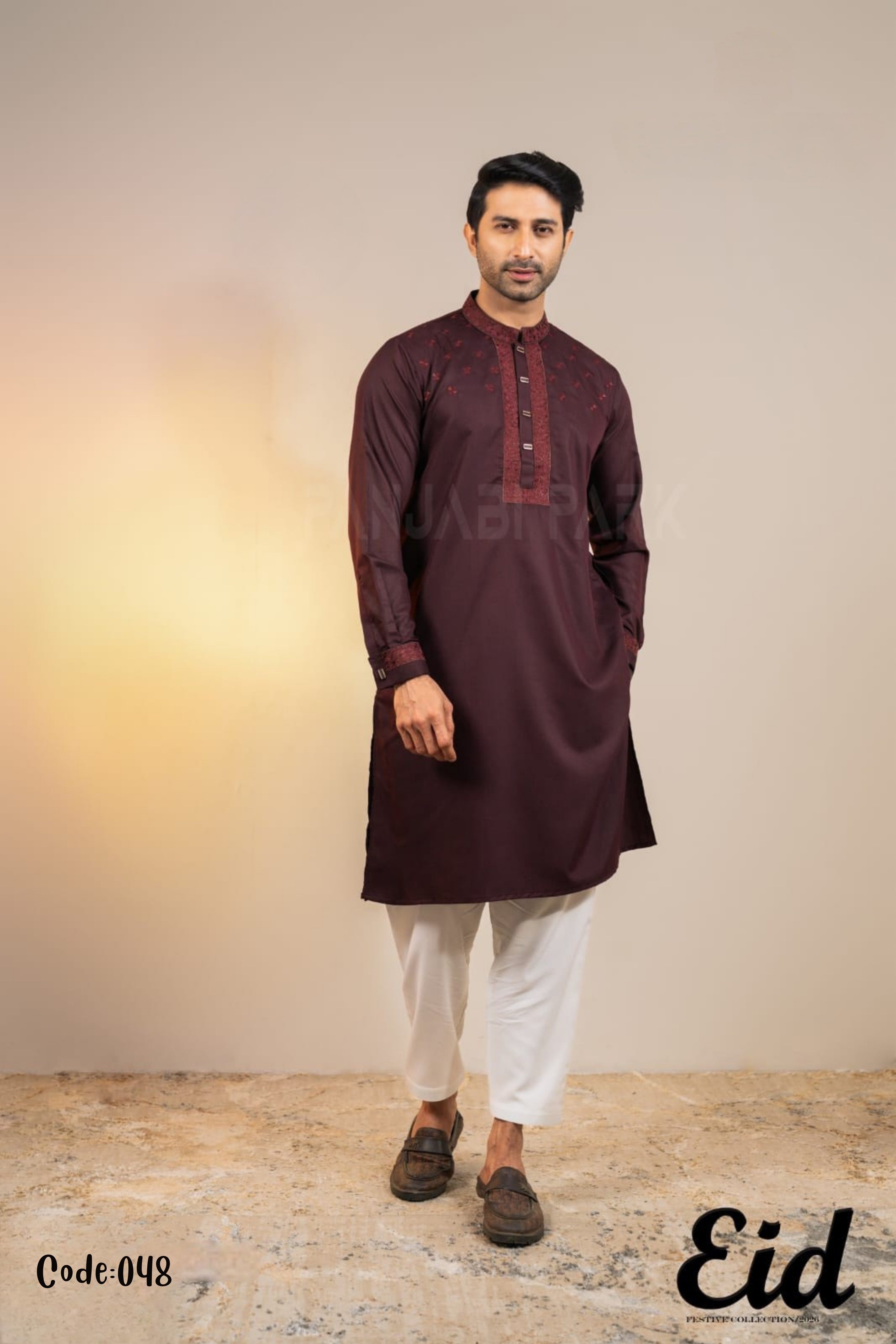 Deep Mulberry Premium Cotton Panjabi with Star-Cluster Embroidery – with premium BOX Secondary image