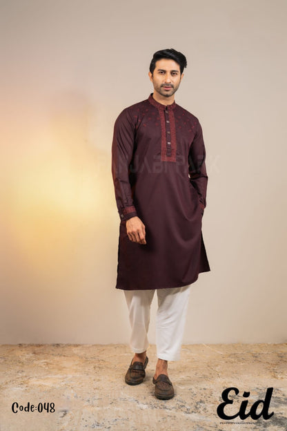 Deep Mulberry Premium Cotton Panjabi with Star-Cluster Embroidery – with premium BOX