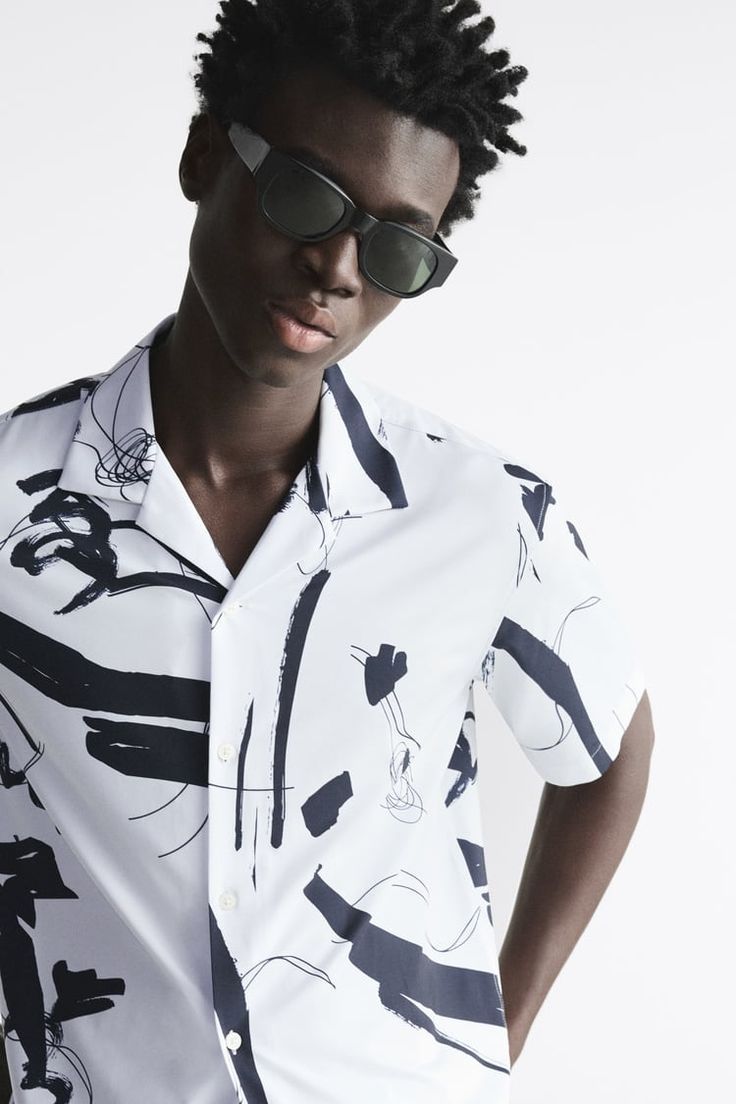 Zara Men’s Premium Abstract Print Shirt – Relaxed Fit Camp Collar Short Sleeve (Navy & White Editions)