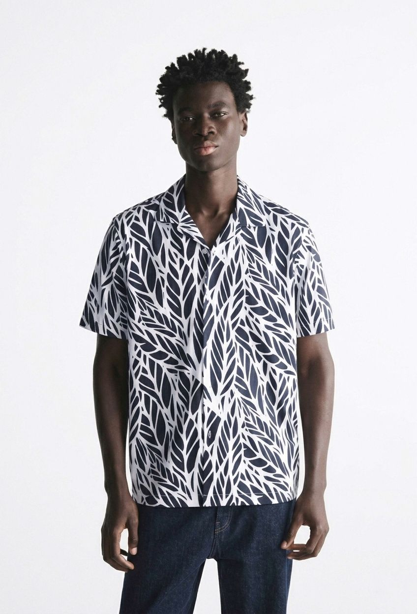 Zara Men’s Premium Printed Shirt – Relaxed Fit Camp Collar Short Sleeve (Abstract & Leaf Designs)