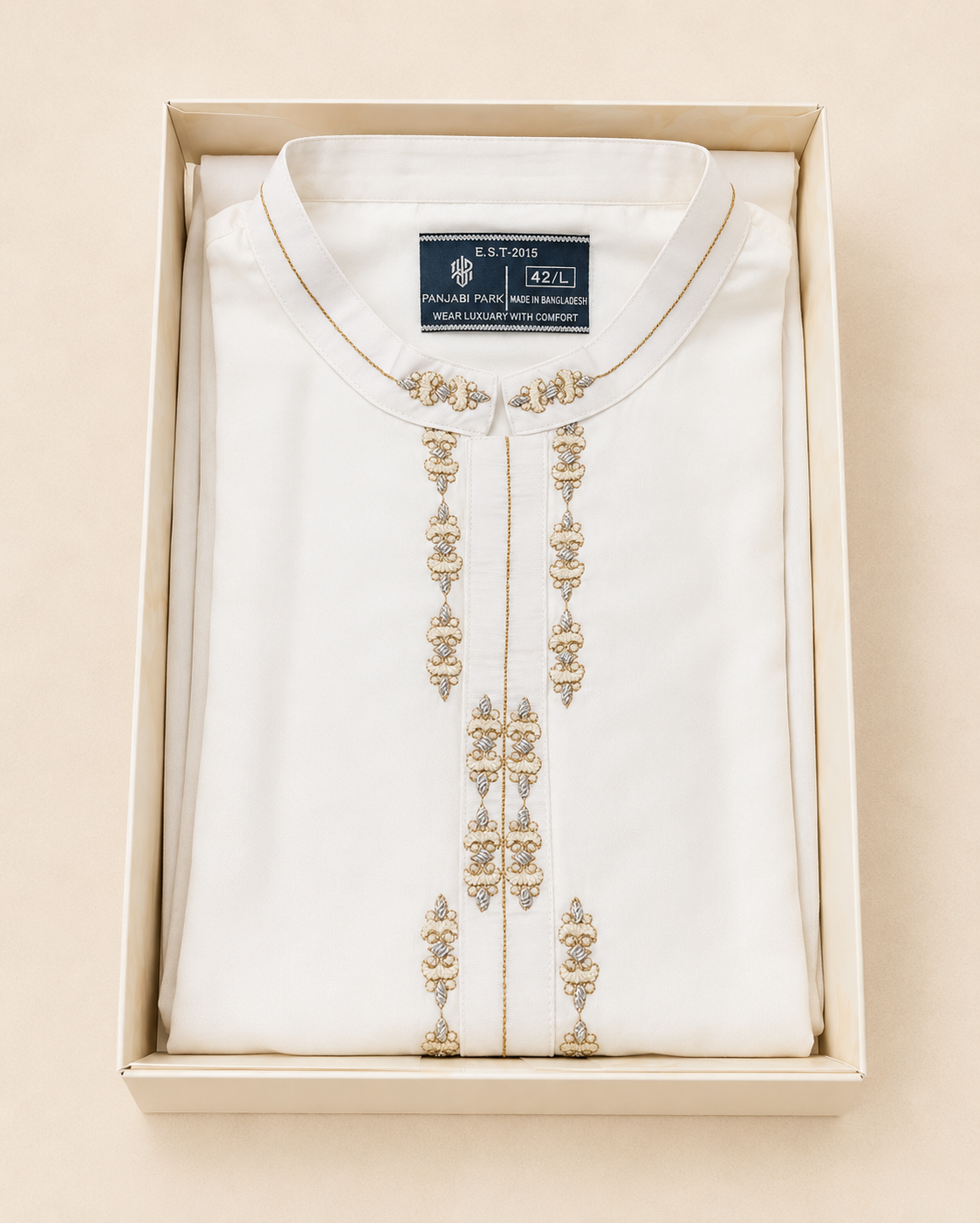 Premium White Embroidered Panjabi – Gold Floral Detail Main image