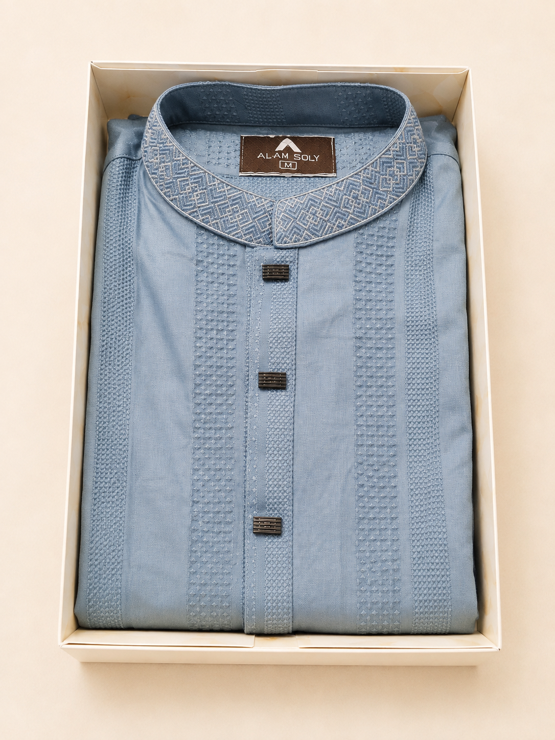 Premium Ice Blue Embroidered Panjabi – Textured Geometric Design