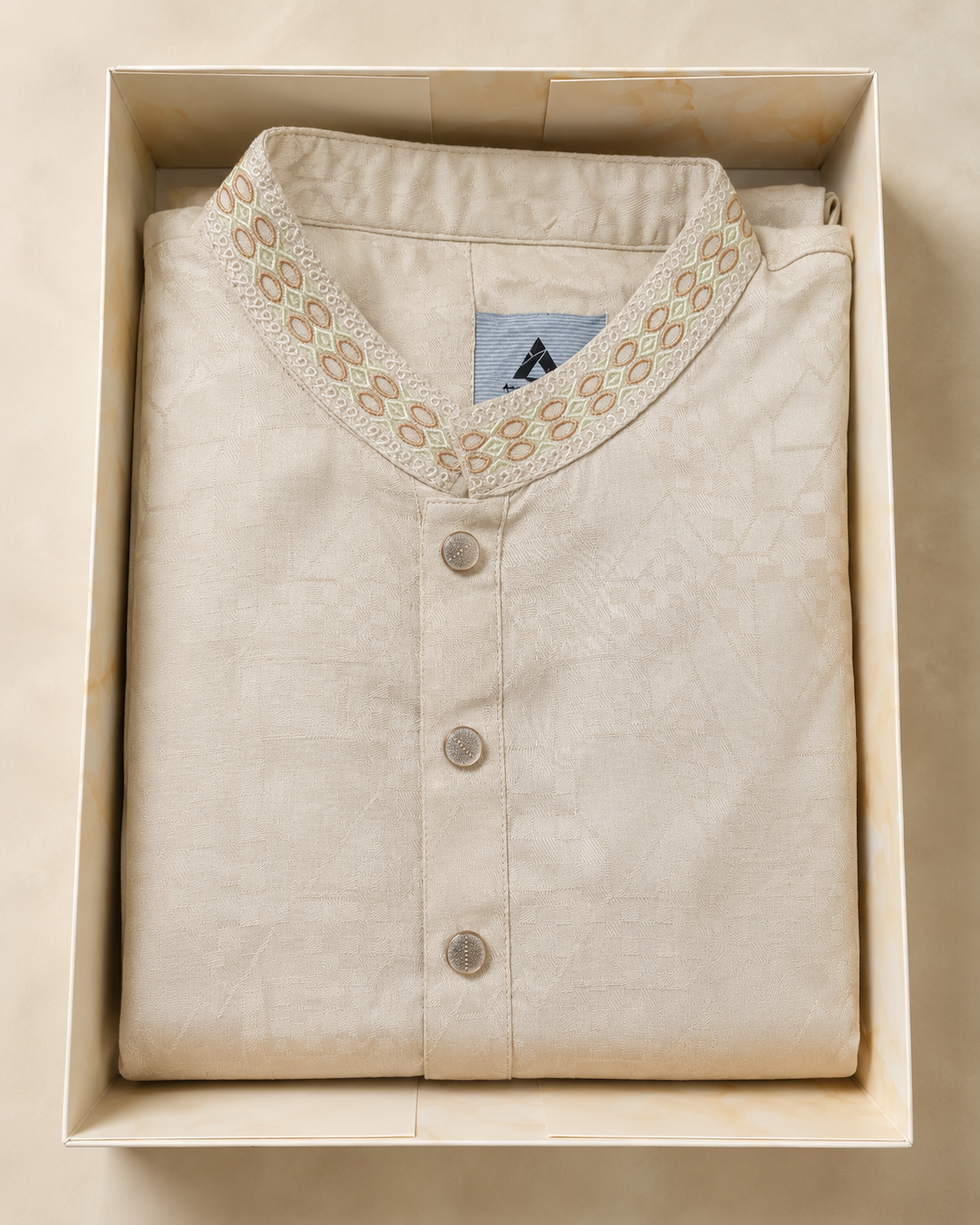 Premium Ivory Jacquard Panjabi – Multicolor Embroidered Collar Main image