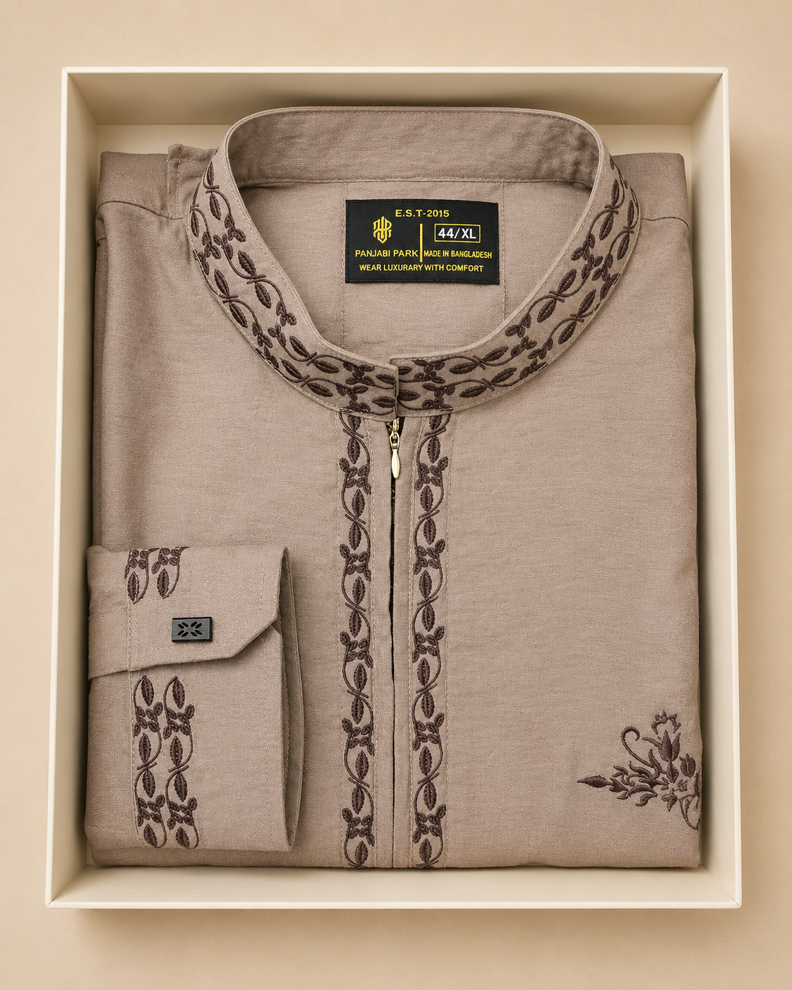 Premium Beige Embroidered Panjabi – Floral Vine Detail