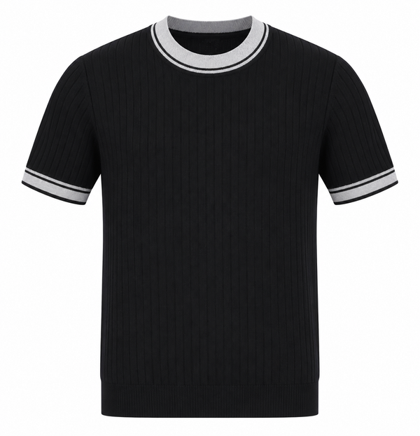 Contrast Ribbed Knit Tee – Black