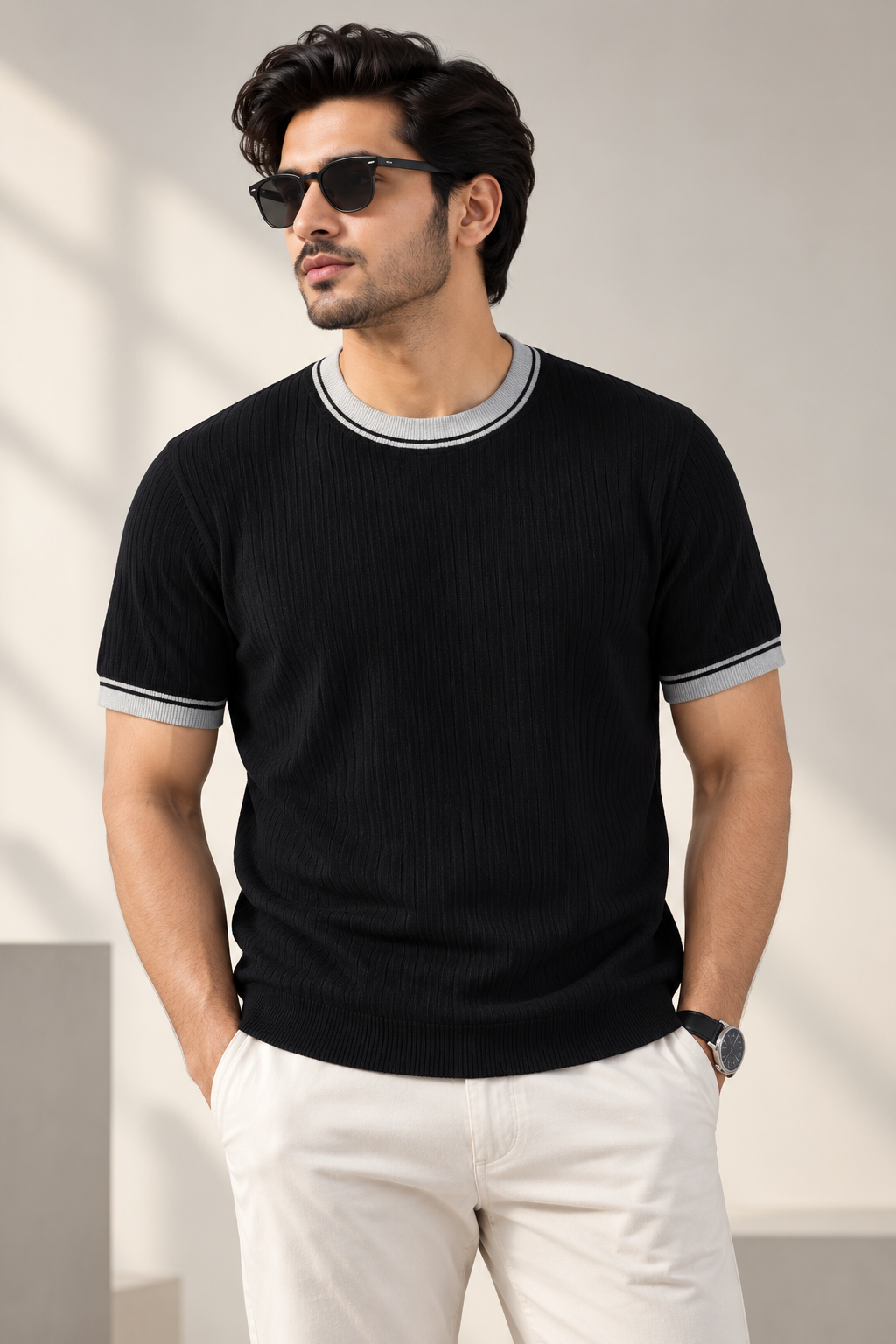 Contrast Ribbed Knit Tee – Black Main image