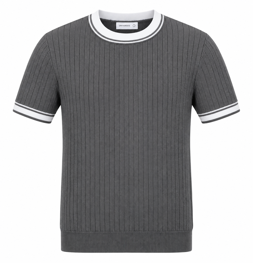 Contrast Ribbed Knit Tee – Charcoal Grey