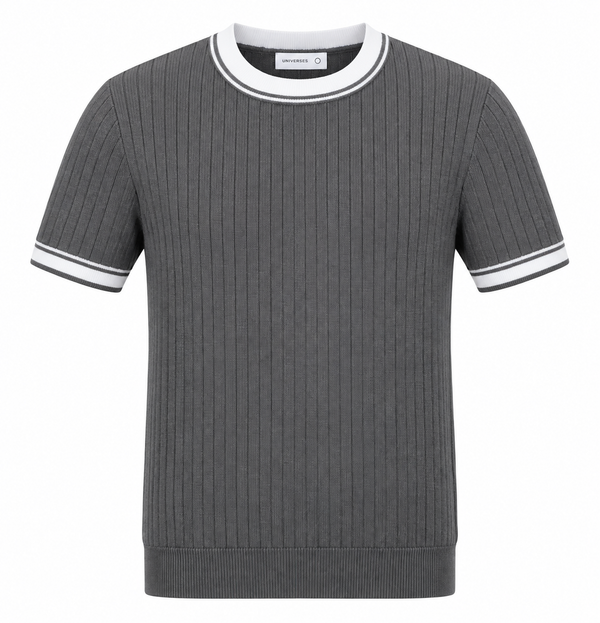 Contrast Ribbed Knit Tee – Charcoal Grey