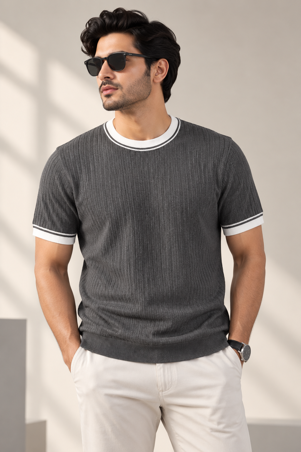 Contrast Ribbed Knit Tee – Charcoal Grey